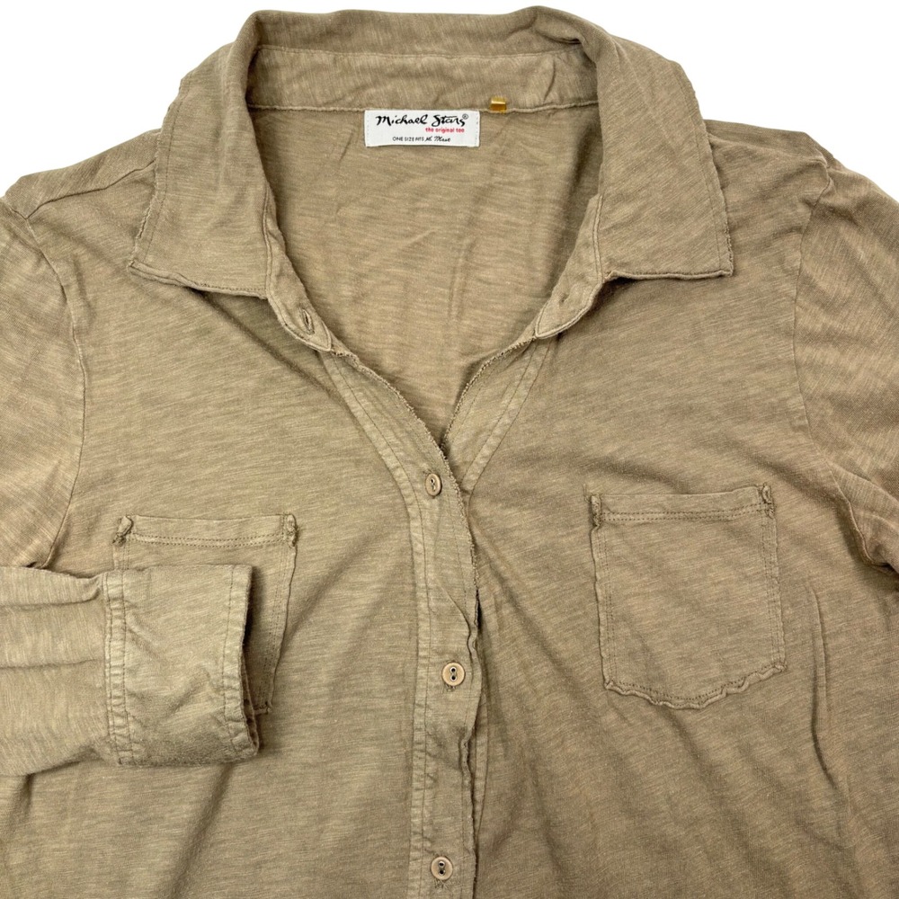 VTG Michael Stars Women OS Button Up Shirt Slub Knit Neutral Earthy Minimalist